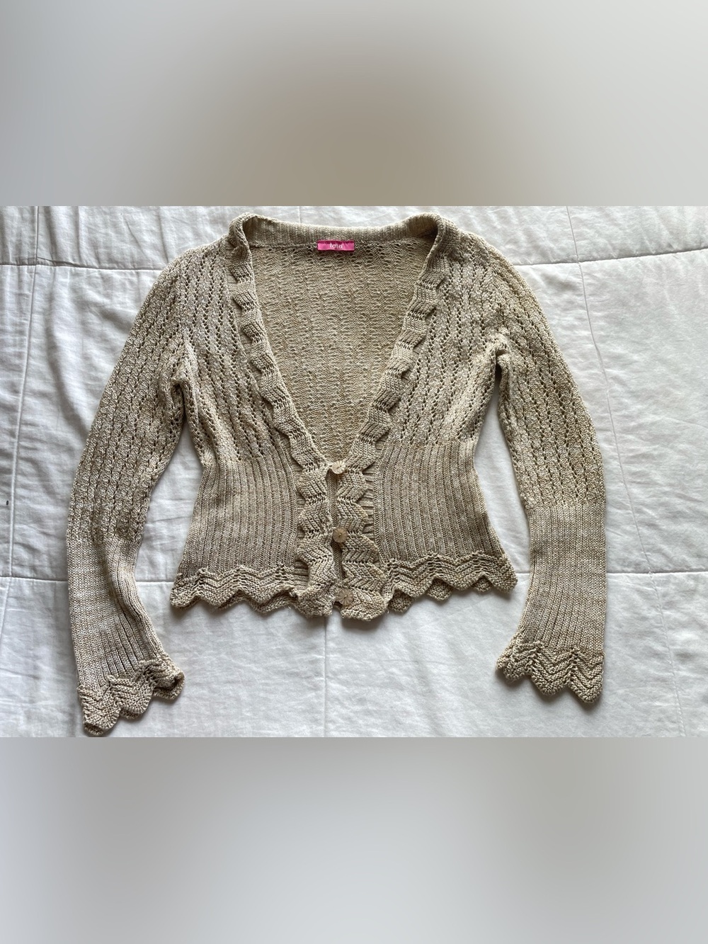 Vintage Y2K Beige Acrylic Knit Scallop Trim Sweater Top XS Small Coquette Dainty